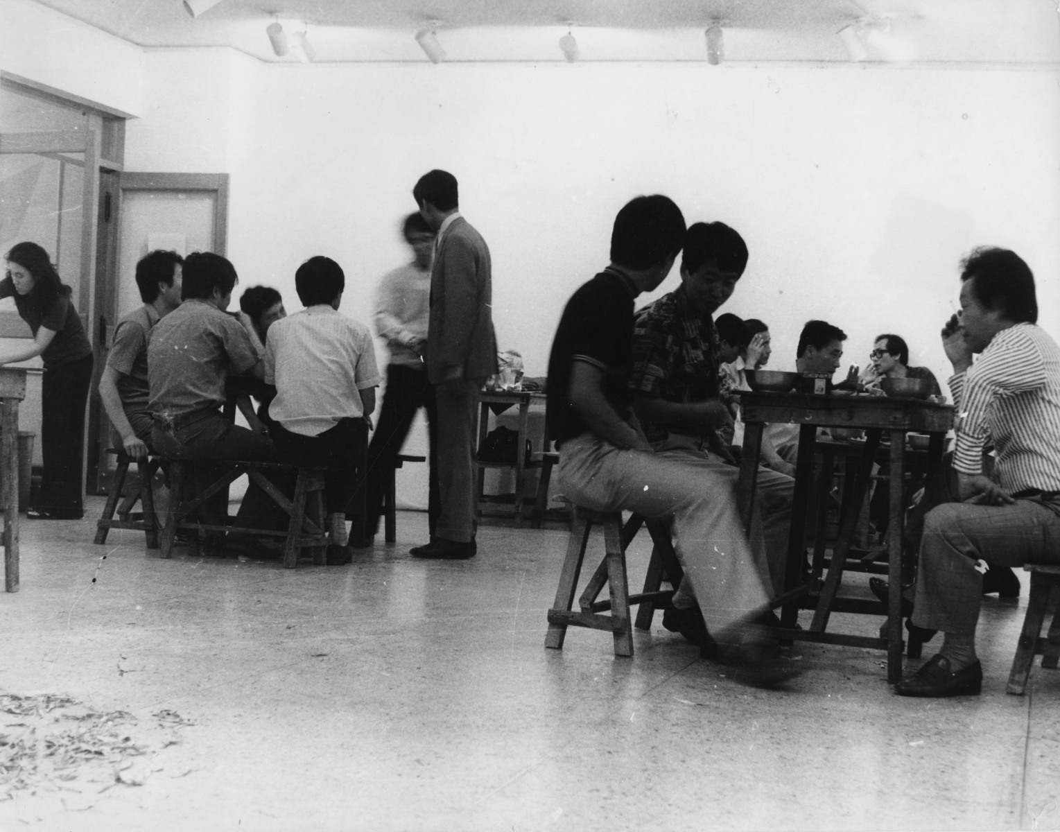 Disappearance, 1973,  tables, chairs, standing boards, display case, makgeolli, 1500x800x300cm